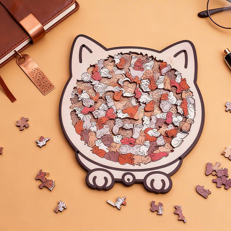 Cat Shaped Wooden Jigsaw Puzzle with Outlines Adorable Frame Jigs and Cats Colored (Maillard color) - Image 2
